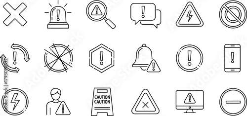 Set of Outline Warning Icons, Including Hazard, Exclamation, Danger, and Alert Signals