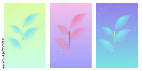 Gradient season spring background. Spring or summer blur hologram leaves. Set abstract gradation tropic color backdrop. Blurry shadow neon leaf. Soft gradient mesh vector illustration