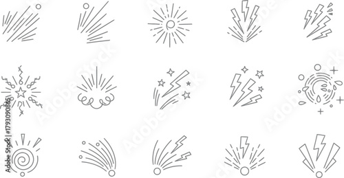 Set of Gray Line Art Explosion, Lightning, and Starburst Icons on Transparent Background