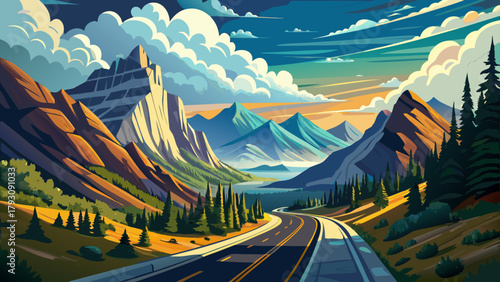 Very beautiful panoramic view of a scenic highway with the American Rocky Mountain landscape in the background during a cloudy summer morning, taken in Glacier National Park, Montana, United States, 