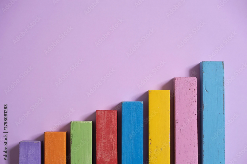 Naklejka premium Colorful chalk sticks arranged in an upward trending bar graph on a purple background