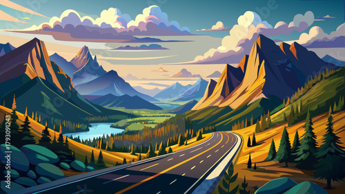 Very beautiful panoramic view of a scenic highway with the American Rocky Mountain landscape in the background during a cloudy summer morning, taken in Glacier National Park, Montana, United States, 