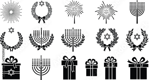 Hanukkah holiday vector bundle featuring menorah designs, Star of David wreaths, festive fireworks, and gift icons for Jewish celebration decoration