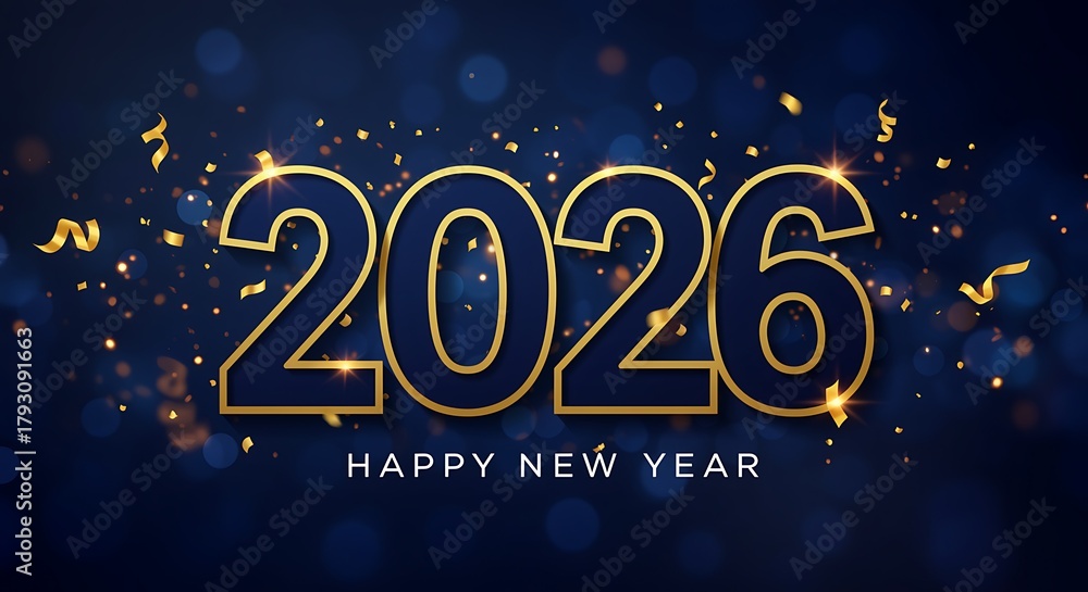 Fototapeta premium Happy New Year 2026 celebration with golden numbers and confetti background