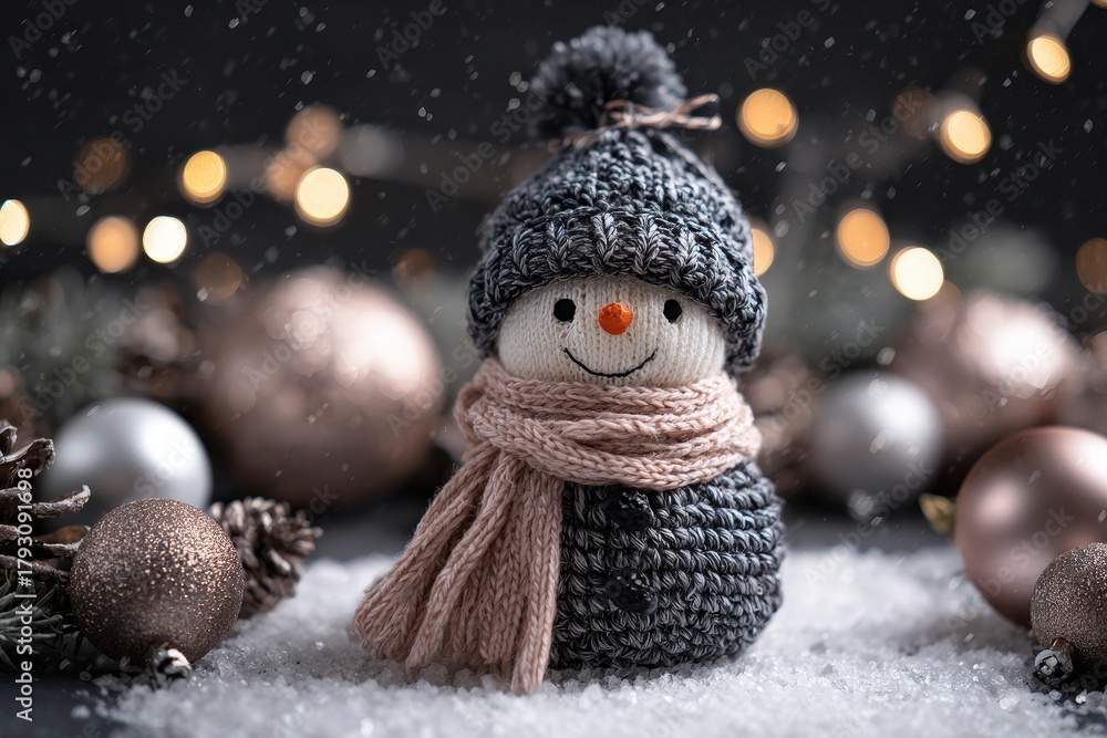 Obraz premium Knitted snowman figure sits among holiday ornaments with falling snow effects