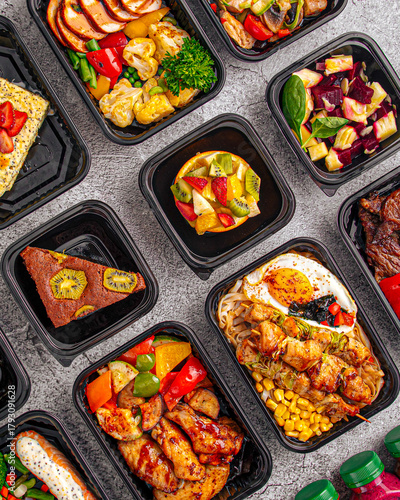 Colorful meal prep set with chicken, noodles, vegetables, salads and desserts in black containers on textured background