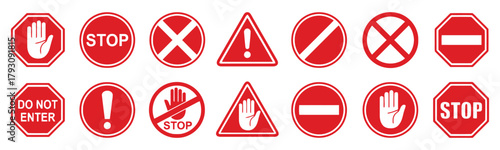 stop sign, warning sign, prohibition sign, red, octagon, circle, triangle, hand, do not enter, forbidden, danger, alert, traffic sign, road sign, safety, symbol, icon, graphic, design, illustration, v