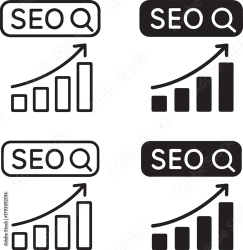 Isolated SEO Optimization black vector icon set, SEO optimization icons, search engine ranking marketing growth, solid black outline filled minimal thin stroke, online traffic boost symbols