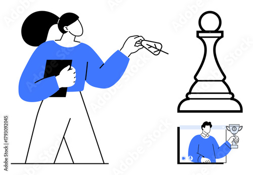 Woman holding tablet and key alongside a chess pawn and video call of trophy-winning man. Represents themes thumbs up leadership, business strategy, remote success, competition, decision-making, goal