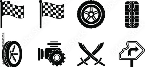 Racing icon set with checkered flags, tires, engine, swords and road sign in bold black silhouette style for motorsport design