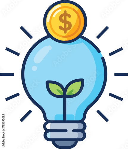 Lightbulb emitting rays with a dollar coin as its filament representing bright financial ideas and lucrative investments
