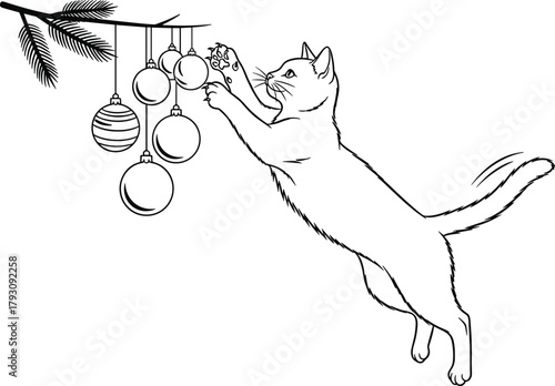 Playful cat jumping to reach hanging Christmas ornaments on a festive tree branch, cute holiday line art illustration for seasonal design