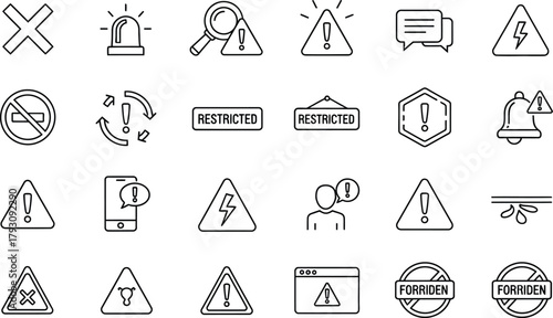 Set of Warning Signs Icons Outline Style, Attention, Alert, Danger, and Restricted on White