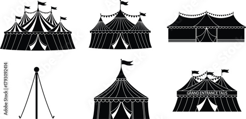 Black and white circus tent illustration set featuring carnival big tops, festival pavilions, entrance tents, and amusement fair structures in decorative style