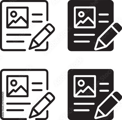 Isolated Content Creation black vector icon set, content creation icons, media creativity design post, solid black outline filled minimal thin stroke, digital art production symbols