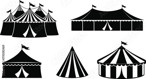 Black and white circus tent illustration set featuring carnival big top designs for festival, fairground, amusement park, entertainment, and retro themed graphics