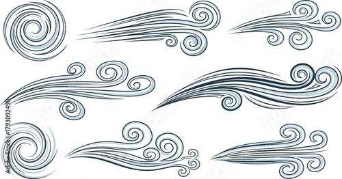 Set of Wind Elements, Line Art with Swirls and Waves on White