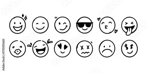 emoji, face, expression, happy, winking, cool, sunglasses, kissing, laughing, tongue out, surprised, excited, love, dead, sad, money, smile, wink, kiss, laugh, cry, doodle, hand drawn, icon, set, symb