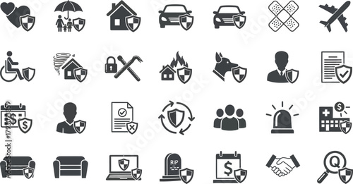 Shield Icons Set Protection Elements, Home, Life, Car, in Gray Color