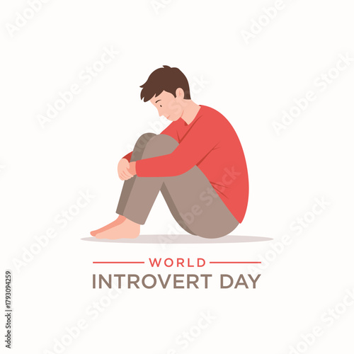 An illustration of a quiet man sitting with hugged knees in a pensive pose, representing World Introvert Day and introverted personality traits