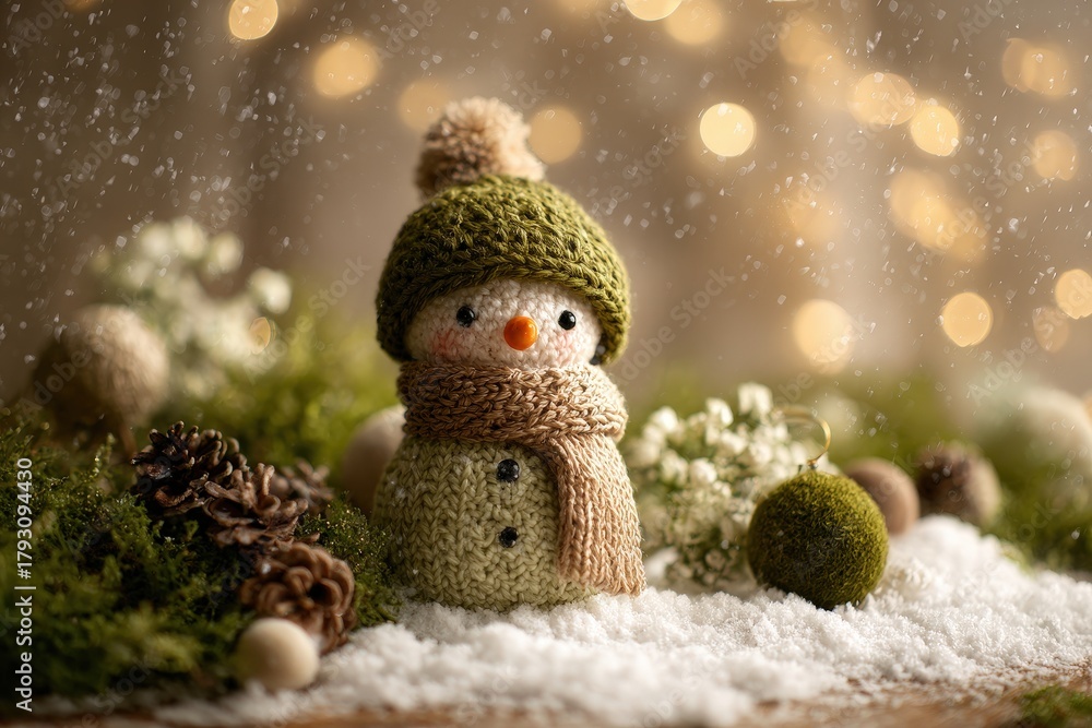 Obraz premium Handmade knitted snowman figure rests in winter landscape with falling snow and warm lights