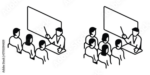 classroom, education, learning, teaching, students, teacher, whiteboard, presentation, lecture, isometric, drawing, illustration, simple, icon, group, people, meeting, seminar, training, school, unive