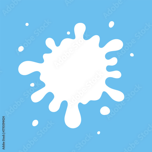 Milky splash on a blue background, vector illustration, flat design. Spilled milk, an abstract organic stain with splashes. An element of a natural product for decoration, design, label with an empty 