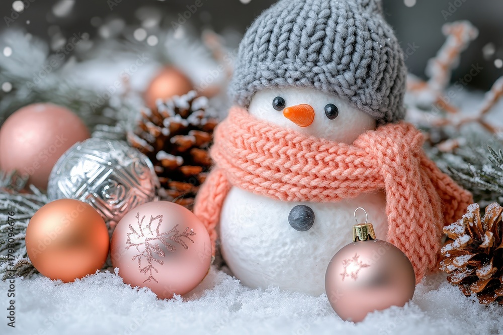 Obraz premium Adorable handmade snowman figurine rests among festive winter decorations and soft snow