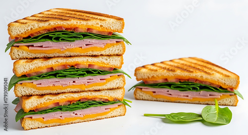 Stacked grilled sandwiches with melted cheese, ham, bacon, and fresh spinach. Crispy bread with golden grill marks. Perfect for food, breakfast, or lunch content.