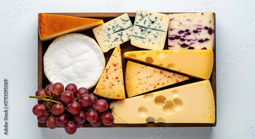 Assorted cheeses including brie, blue cheese, cheddar, and fruit-infused varieties on a wooden board with red grapes. Top-down view of gourmet food platter for parties or fine dining.