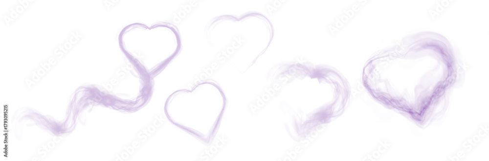 Fototapeta premium Purple smoky heart shapes with soft swirling vapor and magical mist texture on transparent background.