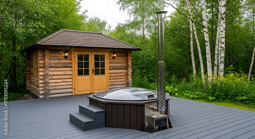 Wooden sauna cabin on a gray deck with a hot tub and chimney, surrounded by birch trees and green forest. Serene outdoor wellness space perfect for relaxation, spa, or nature retreats.