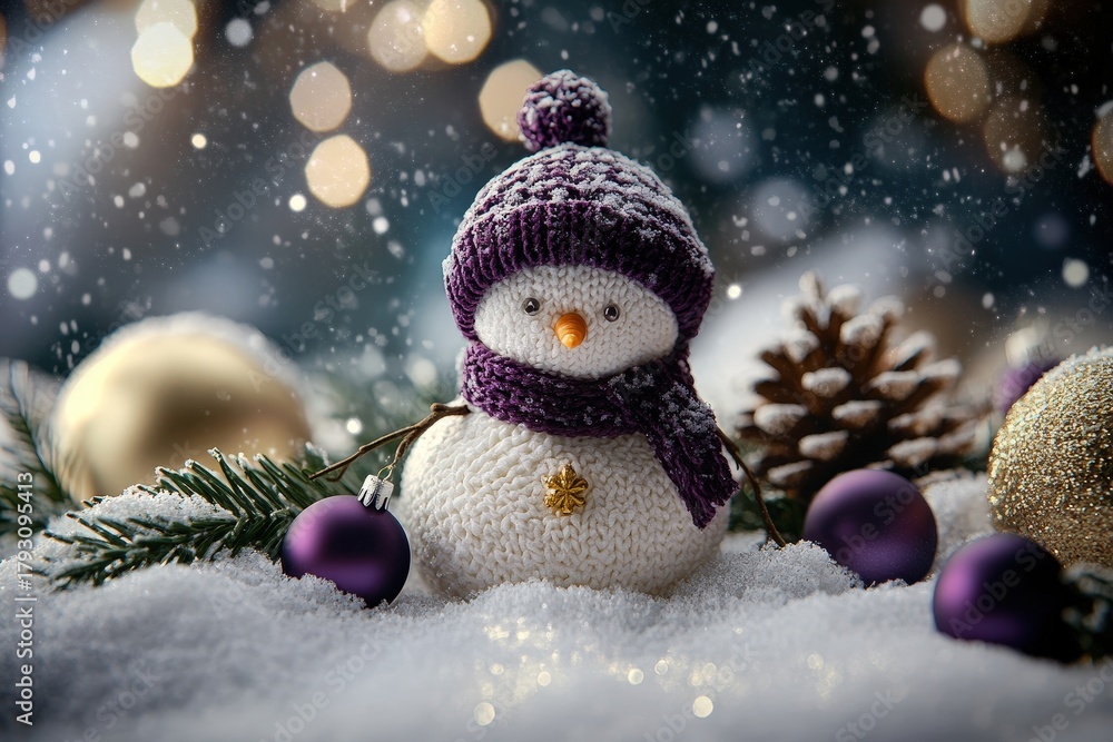 Obraz premium Knitted snowman figurine sits nestled in fresh snow surrounded by winter holiday decorations