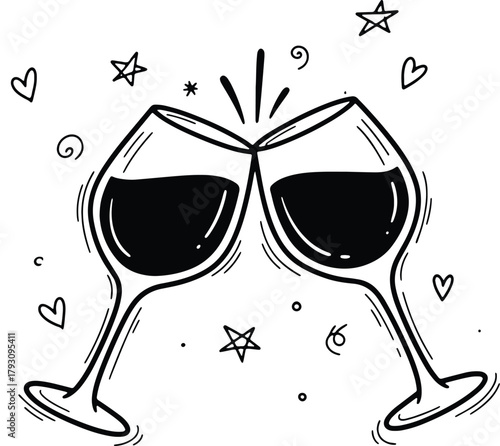 Celebratory toast with wine glasses surrounded by stars and hearts