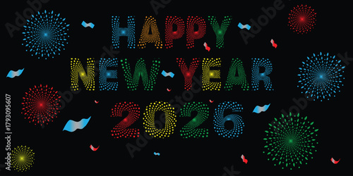 Happy New Year 2026 Typography Made of Fireworks Trails with Confetti on a Dark Background