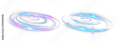 Glowing tornado vortex light circles in blue and purple colors, swirling energy rings with sparkles and shine, futuristic abstract motion design on black background.