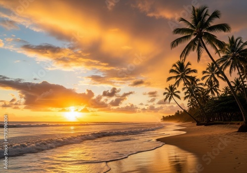 Tropical beach at sunset with palm trees silhouetted against a vibrant orange and yellow sky