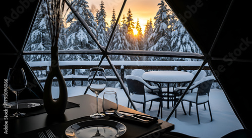 Luxury geodesic dome interior with a black table set for dinner, overlooking a snowy forest at sunset. Warm light contrasts with the cold winter landscape. Ideal for travel, nature.