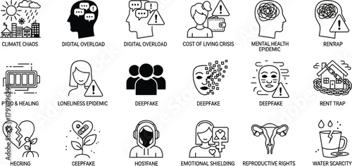 Society Issues Icons, Human Problems Set Climate Chaos, Economy Crisis and Mental Health