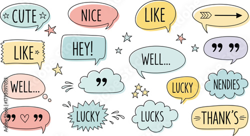 Speech Bubbles Set with Cute Expressions, Quotations, and Simple Decorations on White