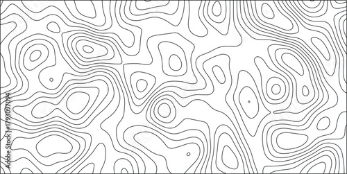 Black and white topographic contour lines on a white background forming an intricate, organic pattern representing elevation and terrain for scientific or abstract design concepts