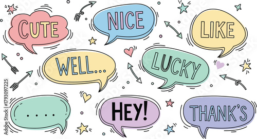 Speech Bubbles Set with Cute, Nice, Lucky, Like, and Thank's Text on White Background
