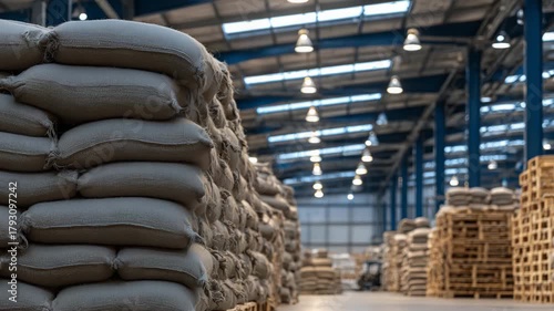 Industrial warehouse scene with rows of rice sacks, high ceilings with soft light filtering in, neatly piled and ready for distribution