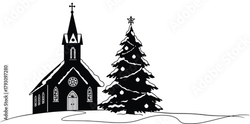 Charming Country Church next to a Christmas Tree in Winter Silhouette