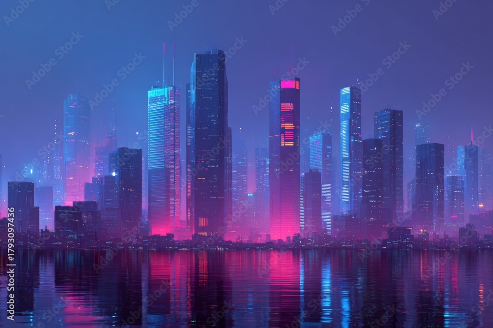 Fototapeta premium Futuristic neon city skyline reflected on water at night