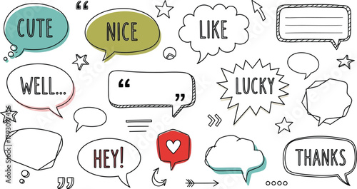 Speech Bubbles with Cute Nice Lucky Thanks and Hey Words on White Background