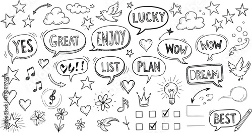 Speech Bubbles with Stars, Hearts, Arrows and Hand Drawn Elements on White Background