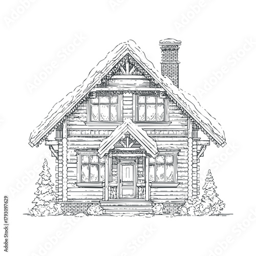 Cozy log cabin design for winter retreats and holiday getaways.Vector hand draw