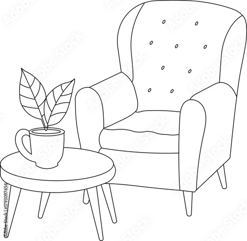 A cozy armchair with table and flower line art vector