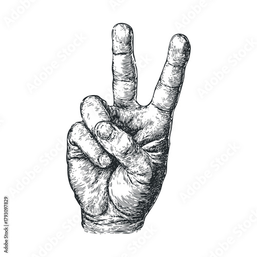 Symbolic gesture of peace with hand making a V sign.Vector hand draw